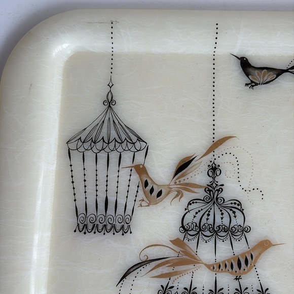 Mid Century cream resin TV tray gold and black birds bird cage vintage retro - Picture 13 of 14